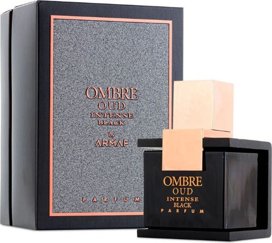 Armaf Ombre Oud Intense Black perfume bottle with gray and peach packaging box displayed together.