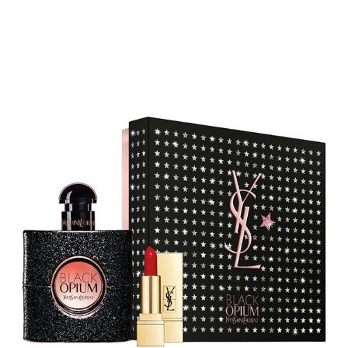 Black Opium fragrance set with perfume bottle, lipstick, and black gift box with star pattern