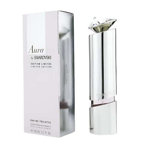 Swarovski Aura Eau de Toilette chrome cylindrical bottle with crystal diamond cap and packaging box front view
