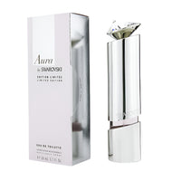 Swarovski Aura Eau de Toilette chrome cylindrical bottle with crystal diamond cap and packaging box front view