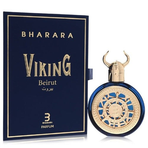 Bharara Viking Beirut perfume bottle with gold horned cap and blue box packaging displayed together.