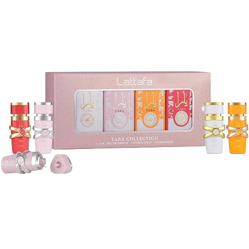 Lattafa Yara Collection Eau de Parfum mini set with four colorful bottles and pink packaging box front view