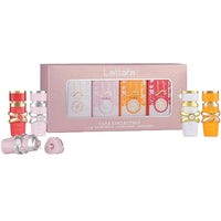 Lattafa Yara Collection Eau de Parfum mini set with four colorful bottles and pink packaging box front view