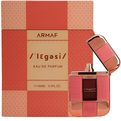 Armaf Legasi Eau de Parfum bottle beside its coral and rose gold patterned box