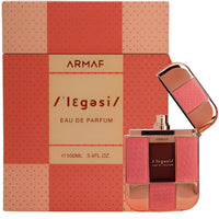 Armaf Legasi Eau de Parfum bottle beside its coral and rose gold patterned box