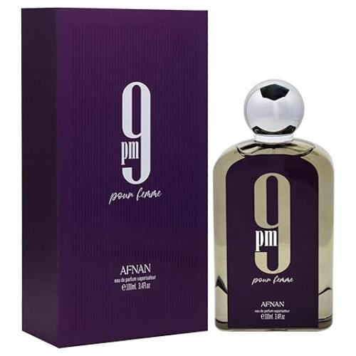 Afnan 9 Pm fragrance bottle with purple box. Cologne has gold label and silver cap.