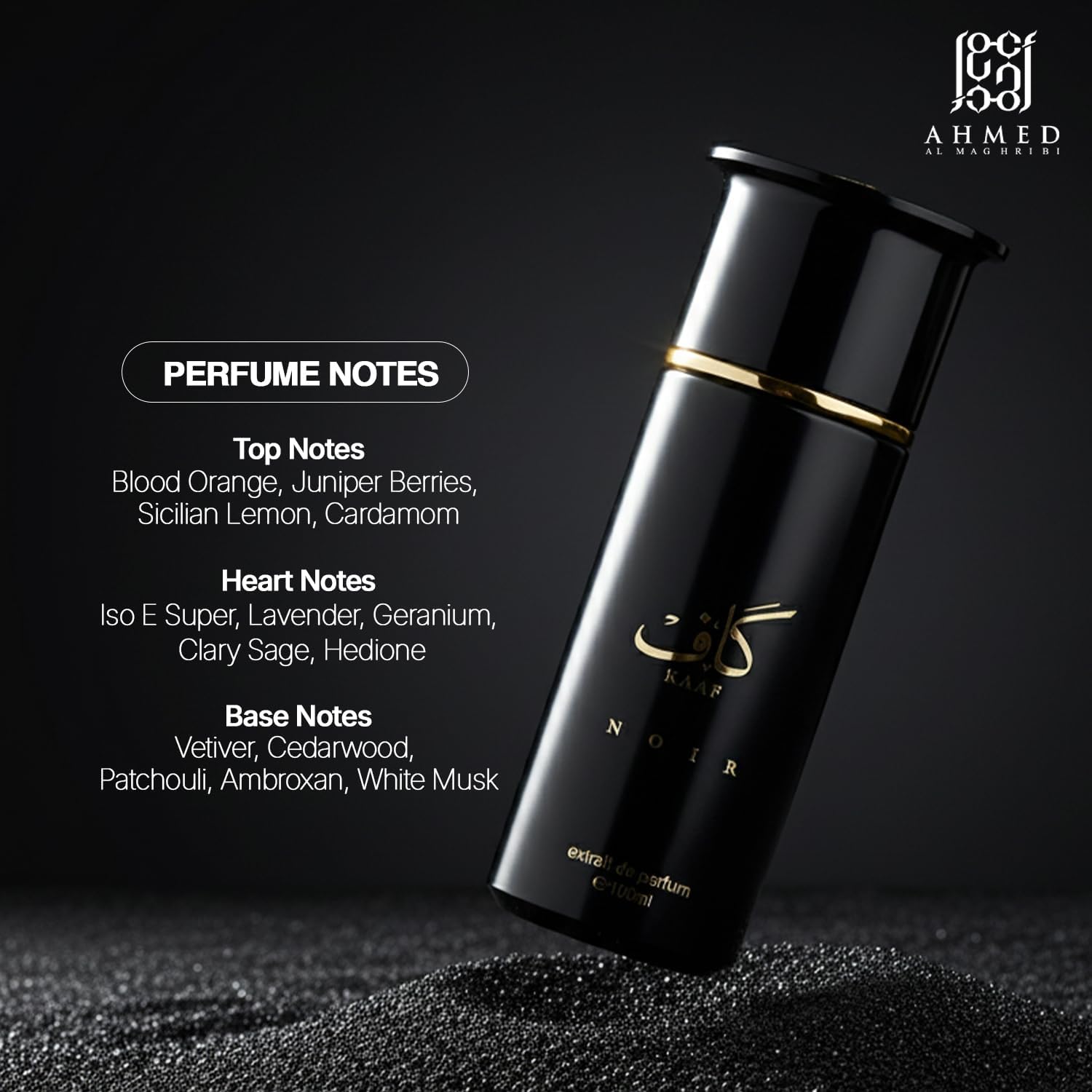 Ahmed Al Maghribi Kaaf Noir Extrait De Parfum bottle on textured surface with perfume notes list