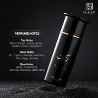 Ahmed Al Maghribi Kaaf Noir Extrait De Parfum bottle on textured surface with perfume notes list