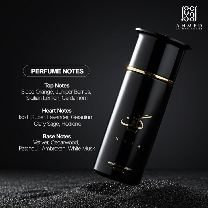 Ahmed Al Maghribi Kaaf Noir Extrait De Parfum bottle on textured surface with perfume notes list
