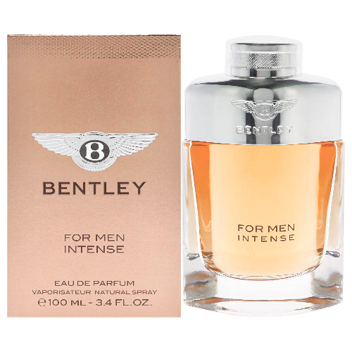Bentley For Men Intense eau de parfum bottle next to tan box with winged logo