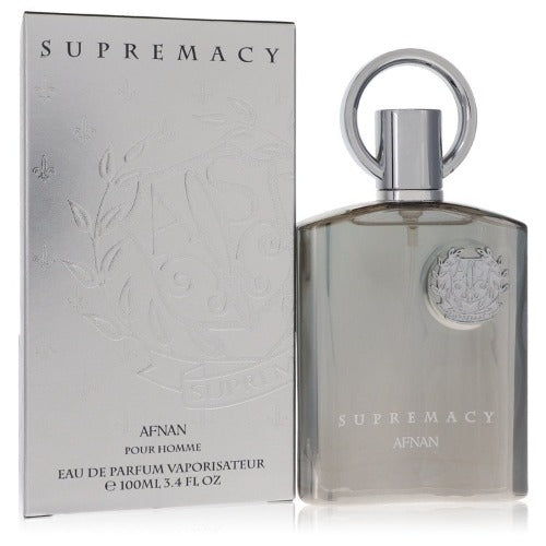 Afnan Supremacy Silver eau de parfum bottle with gray box packaging displayed side by side