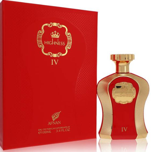 Afnan Highness IV red eau de parfum bottle with matching red box packaging