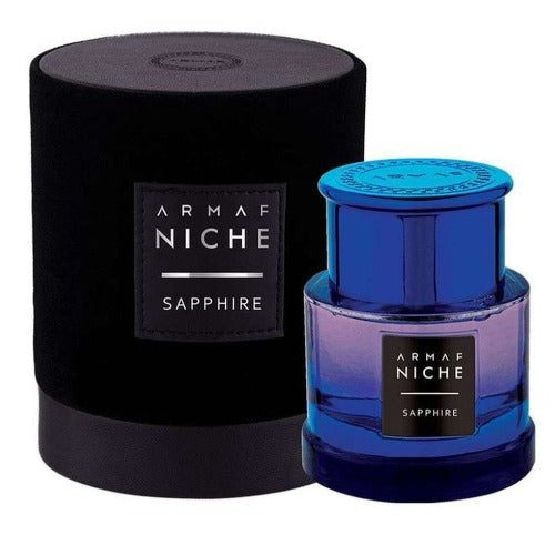 Armaf Niche Sapphire perfume bottle with blue cap next to black cylindrical box packaging