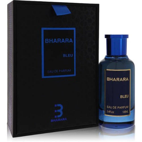 Bharara Bleu eau de parfum bottle with blue cap next to black packaging box with blue text and logo