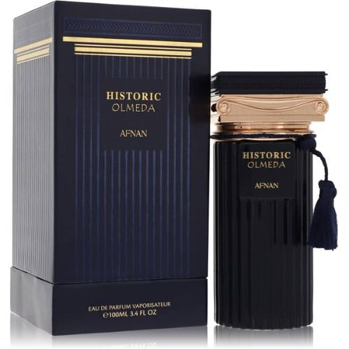 Afnan Historic Olmeda perfume bottle with dark box packaging and gold accents