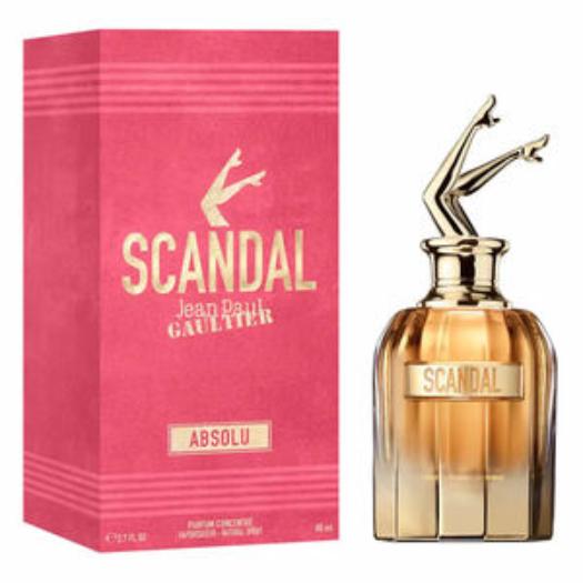 Jean Paul Gaultier Scandal Absolu Eau de Parfum gold gradient bottle with leg shaped cap and pink packaging box front view