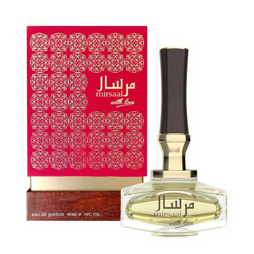 Afnan Mirsaal With Love perfume bottle with red ornamental box and dark atomizer cap