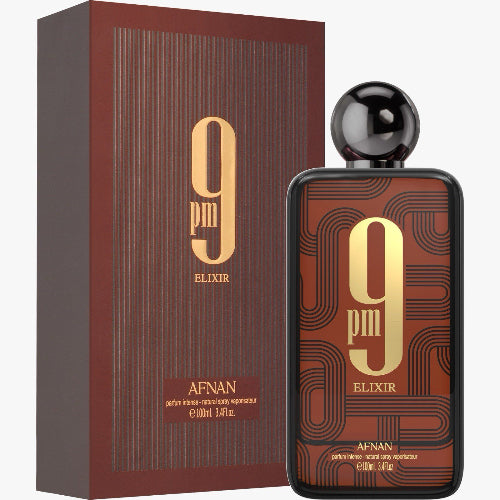 Afnan 9 PM Elixir box and bottle with geometric red patterns and gold numerals