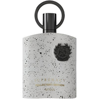 Afnan Supremacy Collector's Edition perfume bottle with speckled white finish and black circular emblem, black cap with ring handle.