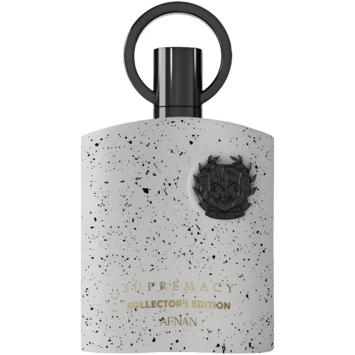 Afnan Supremacy Collector's Edition perfume bottle with speckled white finish and black circular emblem, black cap with ring handle.