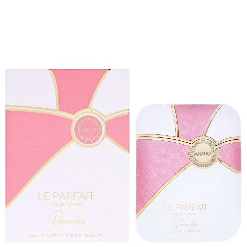 Armaf Le Parfait Panache fragrance boxes in pink and white with gold accents, two sizes shown