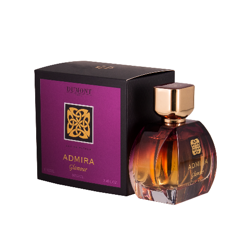 Admira Glamour perfume bottle with rose gold cap and purple branded box packaging