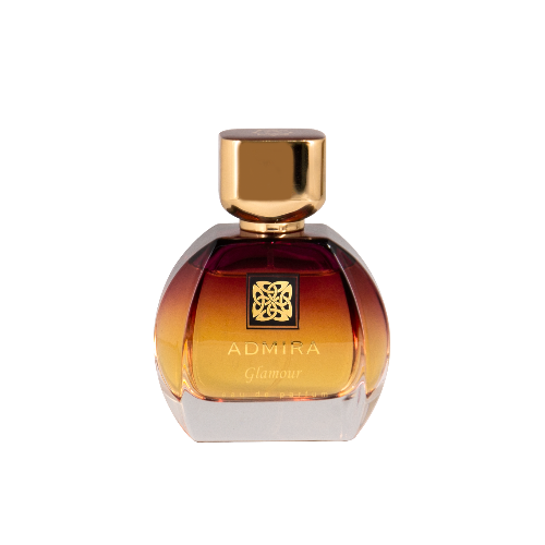 Admira Glamour amber gradient perfume bottle with gold cap and square emblem label