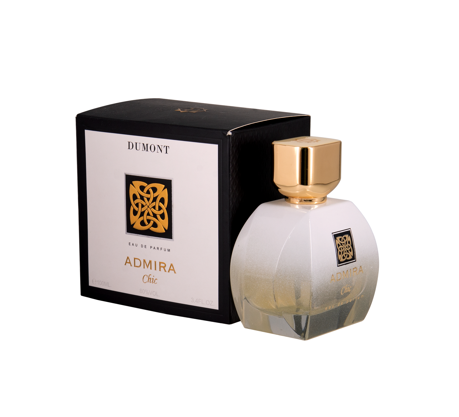 Admira Chic perfume bottle with gold cap next to black and white box with gold emblem