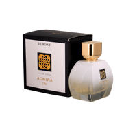 Admira Chic perfume bottle with gold cap next to black and white box with gold emblem