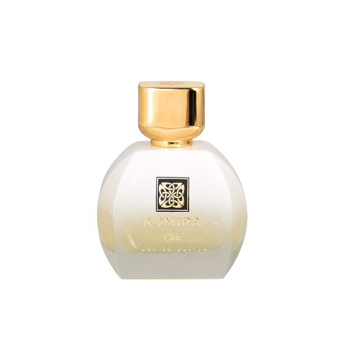 Admira Chic perfume bottle with gold cap, gradient from frosted to pale yellow liquid