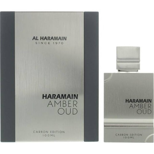 Al Haramain Amber Oud Carbon Edition 100ml perfume bottle and box set in silver and gray