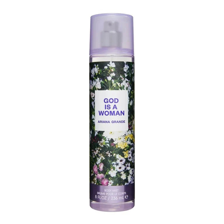 Ariana Grande God Is A Woman body mist spray bottle with purple cap and floral label, 8 fl oz.