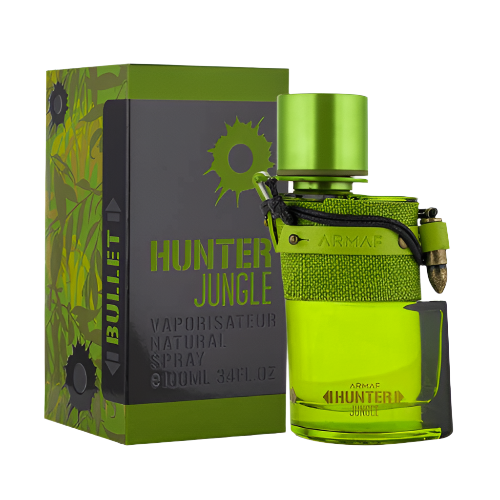 Armaf Hunter Jungle eau de parfum bottle in bright green with dark gray box packaging