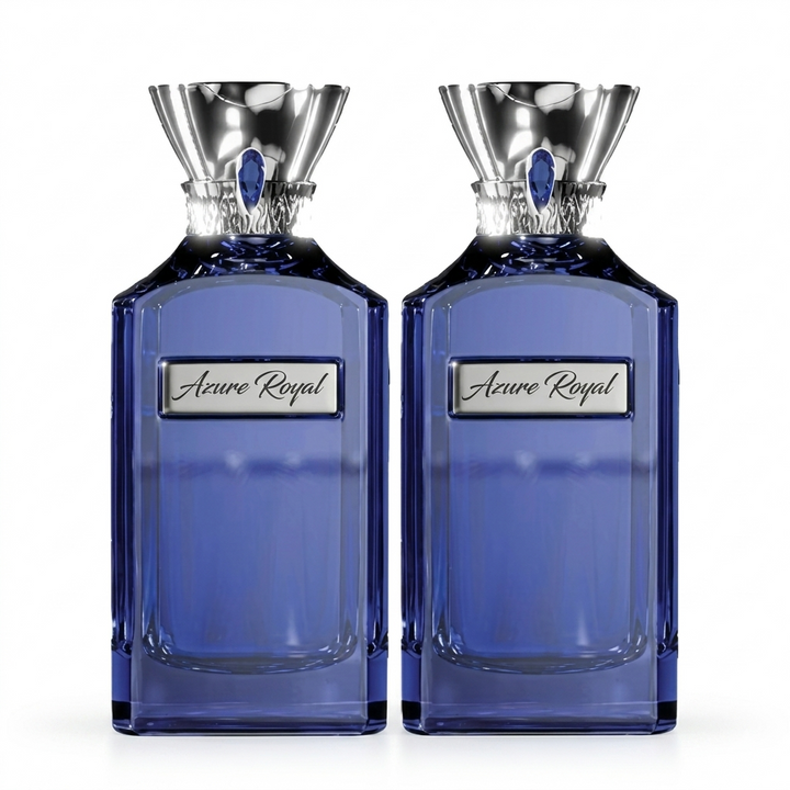 Two Azure Royal Extrait De Parfum bottles with silver stoppers side by side.