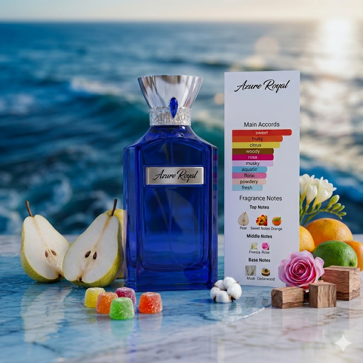 Azure Royal Extrait De Parfum cobalt bottle with fragrance notes card, pear, citrus, and wood accords displayed against ocean backdrop.