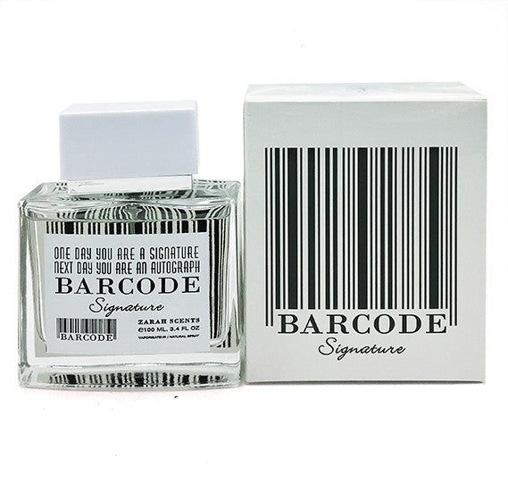 Paris Corner Barcode Signature Eau de Parfum 3.4 oz clear glass bottle with barcode label and packaging box front view