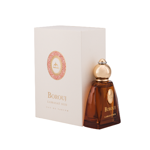 Dumont Borouj Lamasat Oud Eau de Parfum 2.8 oz amber brown bottle with gold cap and packaging box front view