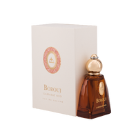 Dumont Borouj Lamasat Oud Eau de Parfum 2.8 oz amber brown bottle with gold cap and packaging box front view