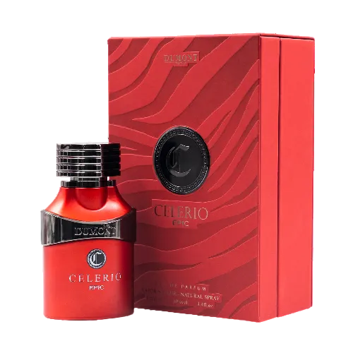 Dumont Celerio Epic Eau de Parfum 3.4 oz red bottle with metallic band and textured red packaging box front view
