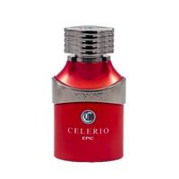 Dumont Celerio Epic Eau de Parfum 3.4 oz red bottle with metallic band front view