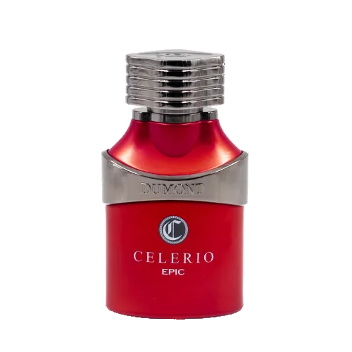 Dumont Celerio Epic Eau de Parfum 3.4 oz red bottle with metallic band front view