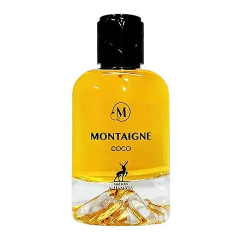 Maison Alhambra Montaigne Coco 3.4 oz clear bottle with gold liquid front view