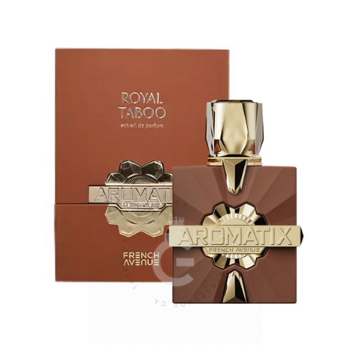 Fragrance World Royal Taboo Aromatix Eau de Parfum 3.4 oz brown geometric bottle with gold accents and packaging box front view