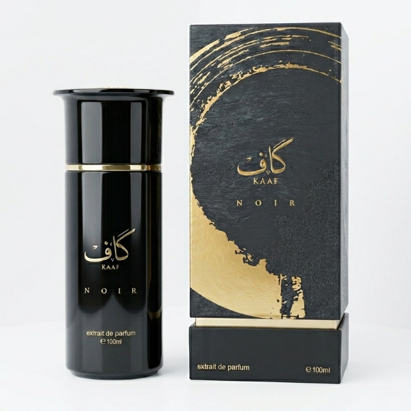 Kaaf Noir Extrait De Parfum 100ml bottle displayed next to black box with gold brushstroke design