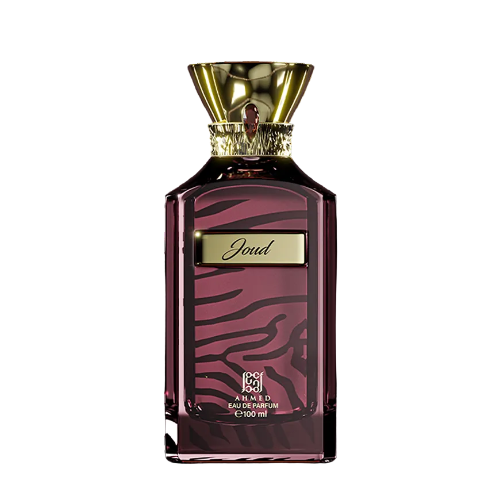 Ahmed Al Maghribi Joud Eau De Parfum bottle with burgundy glass and gold cap