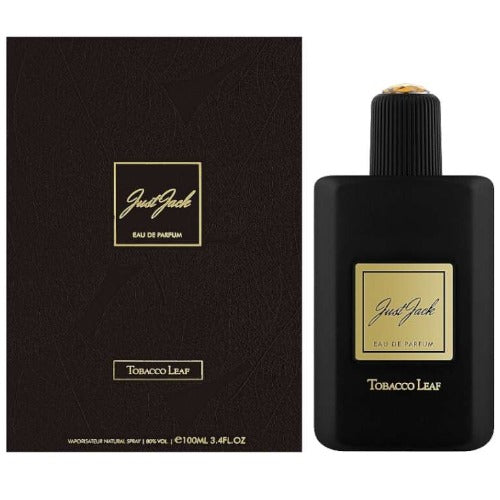 Armaf Just Jack Tobacco Leaf perfume bottle and box set, black bottle with gold label and box.