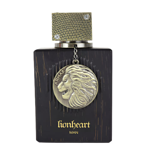 Armaf Club De Nuit Lion Heart bottle with black textured box and gold lion pendant charm