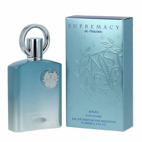 Afnan Supremacy In Heaven eau de parfum bottle in turquoise with matching box, 100ml size.