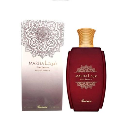 Rasasi Marha Pour Femme Eau de Parfum 3.4 oz deep red bottle with gradient packaging box front view