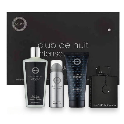 Armaf Club De Nuit Intense 4-piece gift set with fragrance bottle, body spray, gel, and solid cologne in black packaging.